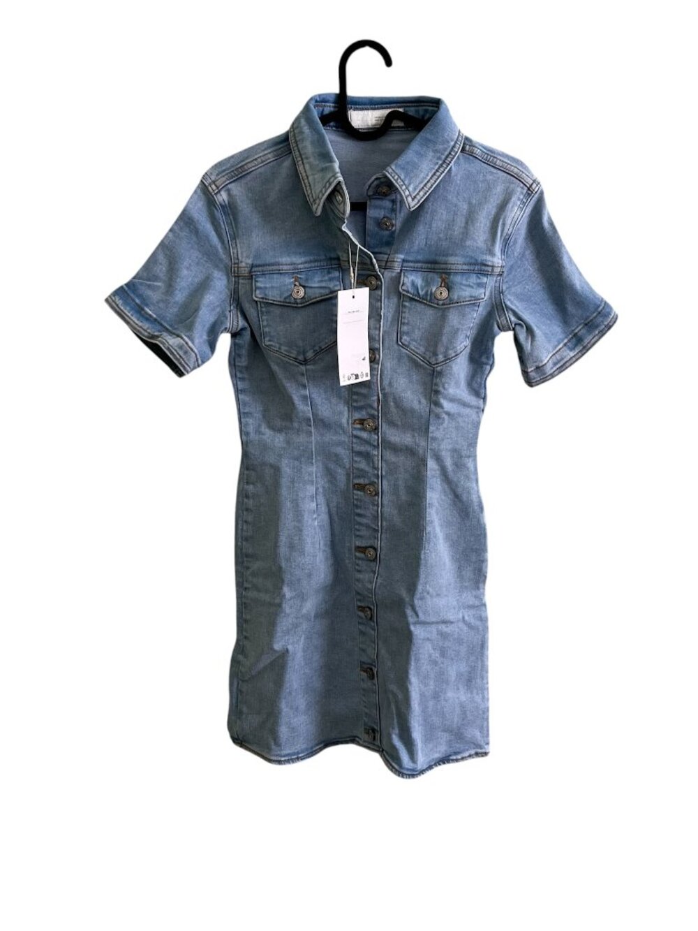 Zara Denim Mini Dress Light Blue Fitted Button Front Pocket Shirt Dress Small